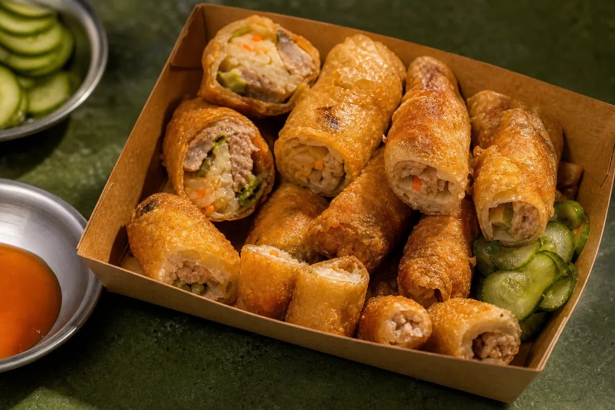 A-Gong-Zai Dragon Phoenix Rolls · 阿公仔龍鳳腿春捲 — mixed dragon-phoenix rolls and spring rolls — eetillustratie