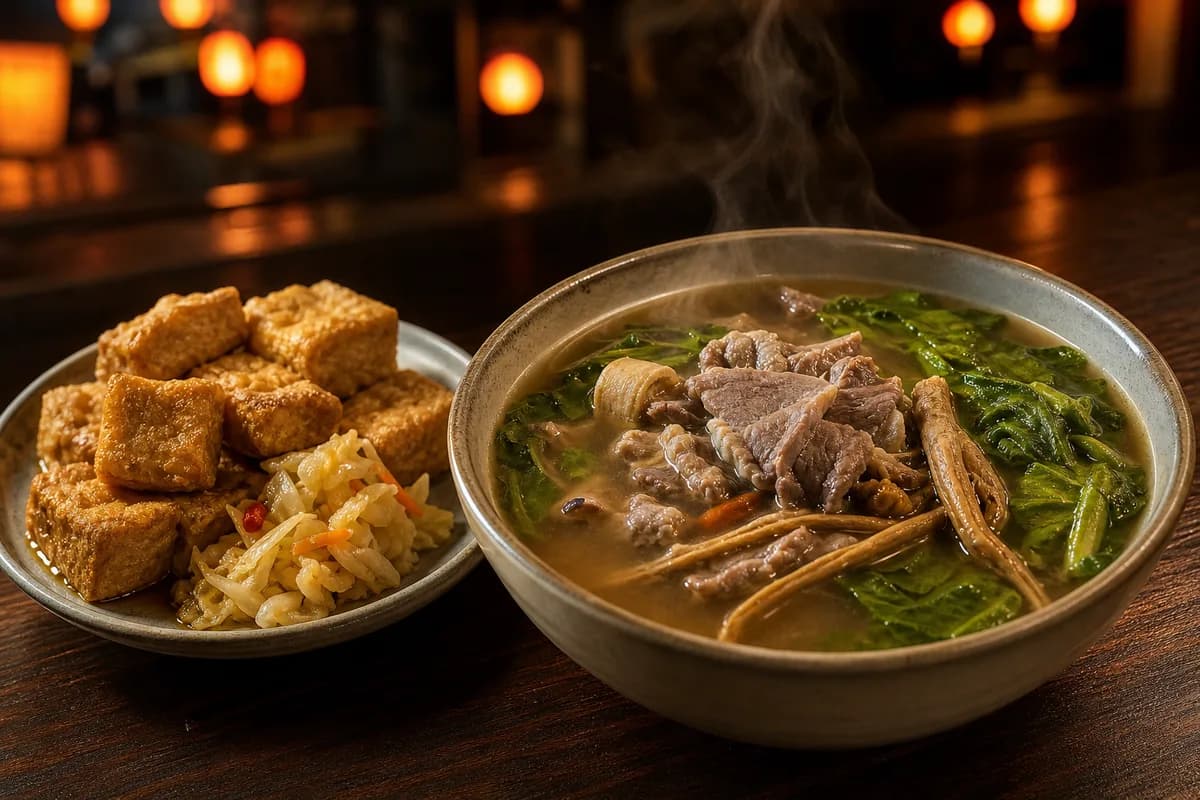 A Tsao Ber Herbal Mutton Soup · 阿灶伯當歸羊肉湯 — herbal mutton soup and fried stinky tofu — eetillustratie