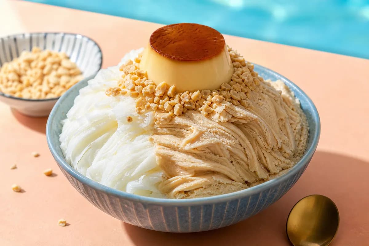 Bingxue Cold Drinks · 冰雪冷飲部 — milk-and-peanut snow ice with pudding — eetillustratie