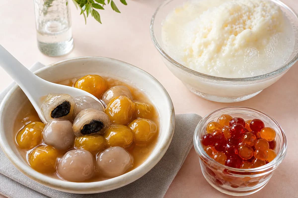 Wei Jie Stuffed Tapioca Pearls · 魏姐包心粉圓 — stuffed tapioca pearls with milk slush — eetillustratie