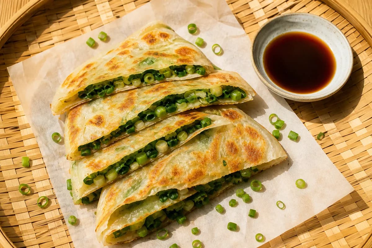 Yifeng Scallion Pie · 義豐蔥油派 — plain scallion pie; add egg only if you want a fuller snack — eetillustratie