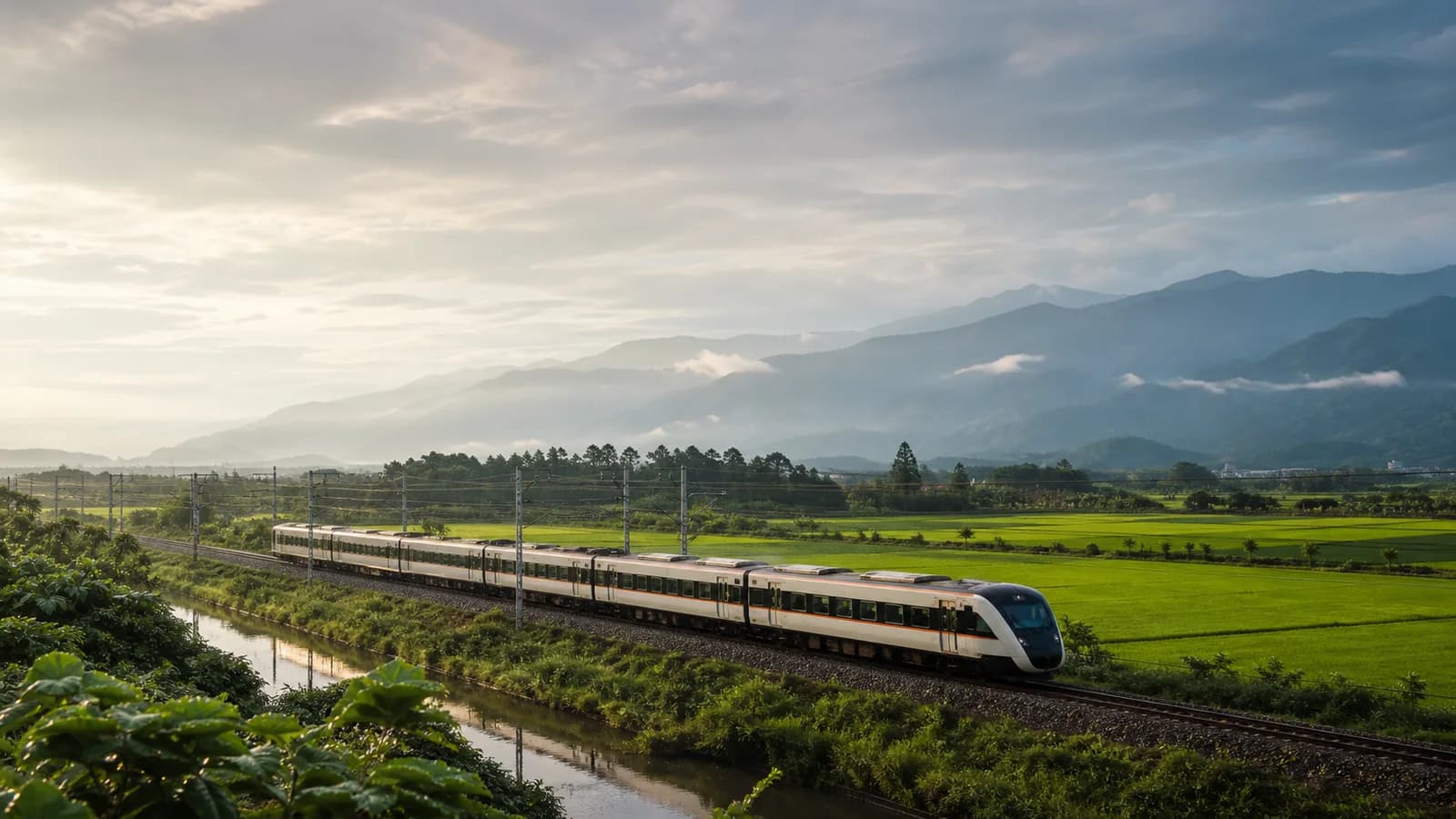 Tàu chạy qua cánh đồng Nghi Lan với núi trùng điệp phía xa