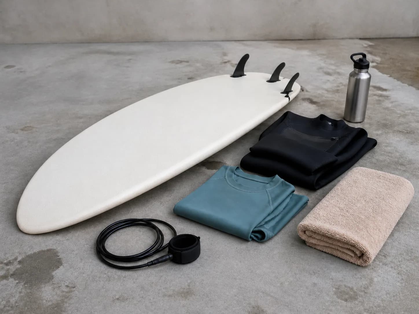 Papan selancar, leash, wetsuit, rash guard, handuk, dan air minum